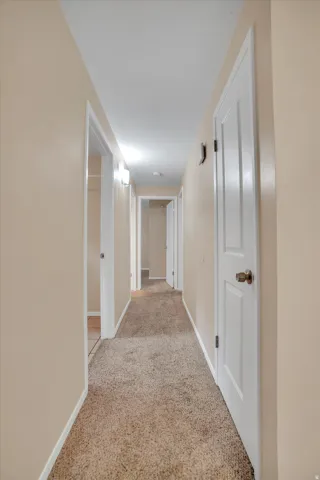 Neutral-toned walls, carpeted flooring, and white trim