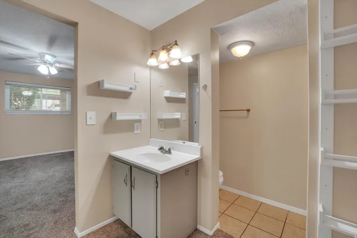Master bathroom Vanity with integrated sink, wall-mounted mirror, and overhead light fixture