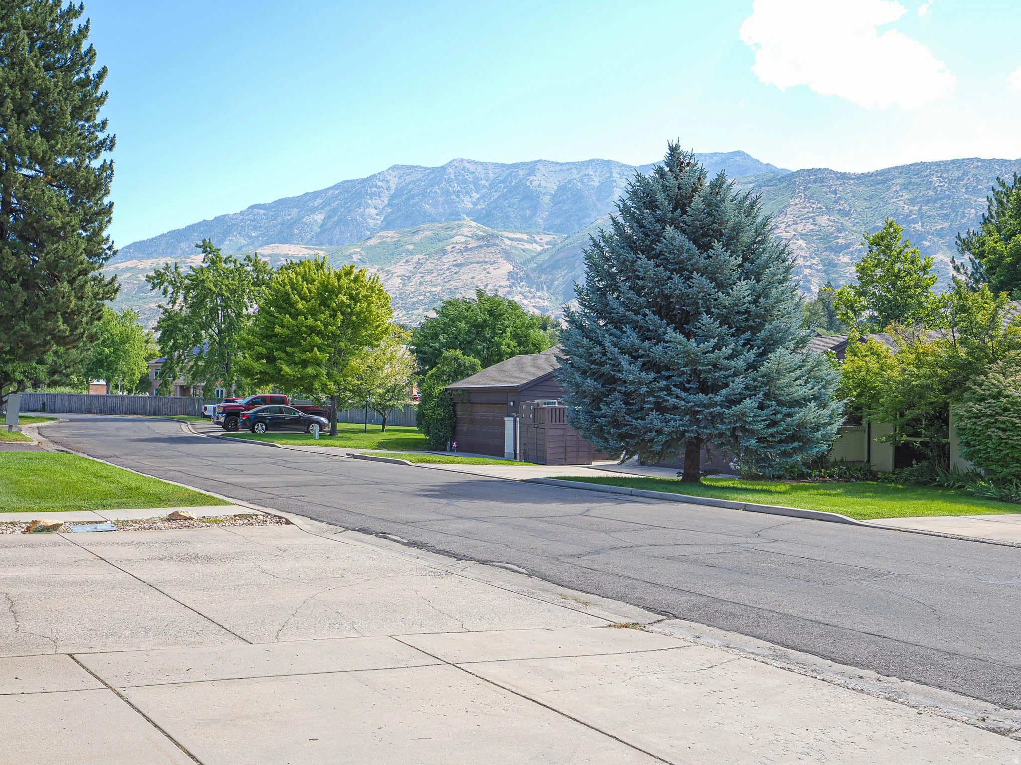 Street scene with distant mountains, mature trees, and well-maintained asphalt paving
