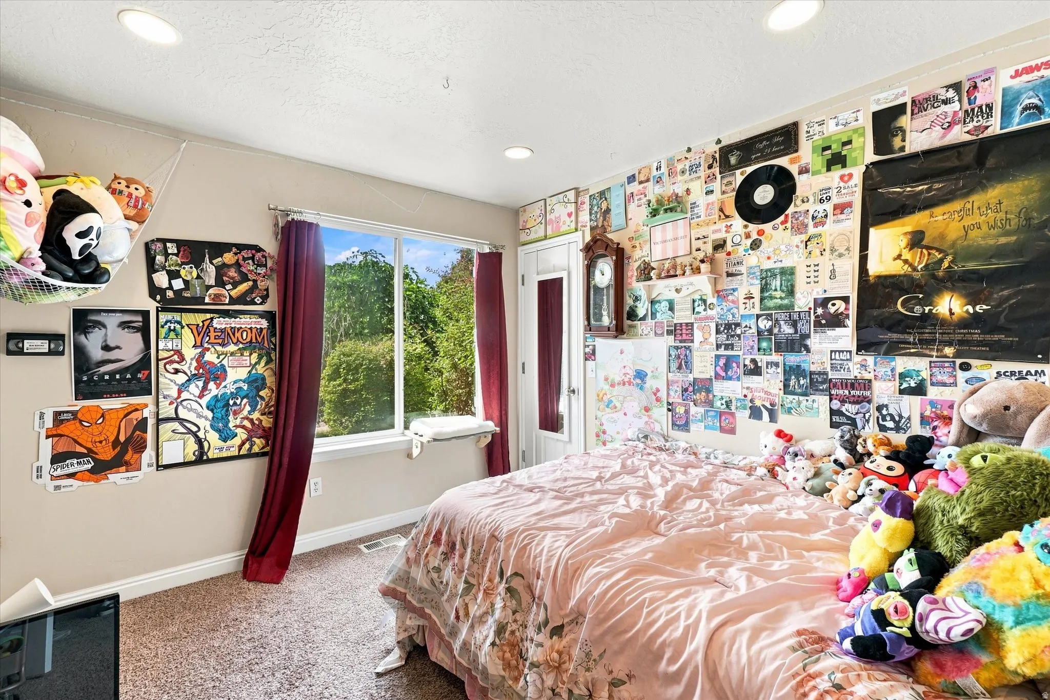 Bedroom #2 featuring a single window, recessed lighting, and carpet flooring
