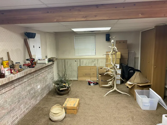 Carpeted room featuring a brick half-wall, a built-in closet with double doors, and a single window with horizontal blinds