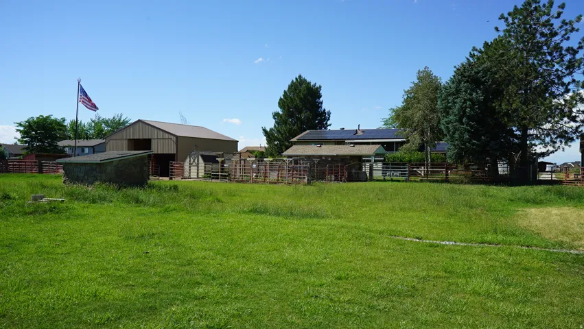 Expansive green lot featuring a large barn, multiple animal pens, a detached utility building, and mature trees