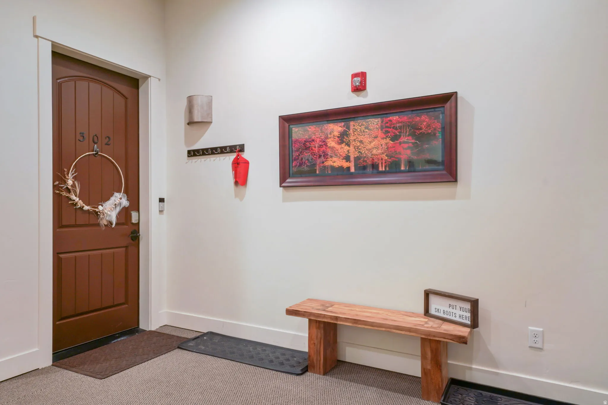 Wood-paneled door with white trim, wall-mounted coat rack, and carpeted flooring