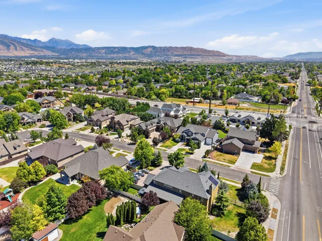 Aerial overview showcasing a residential district with tree-lined streets and varied architectural styles