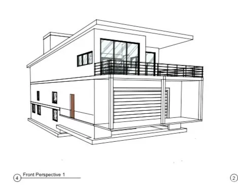 Architectural Drawing. Front perspective view of the property design