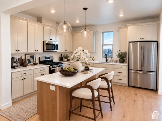 Kitchen featuring light-toned cabinetry, stainless steel appliances, a center island with counter seating, light-colored countertops, and wood-finish flooring