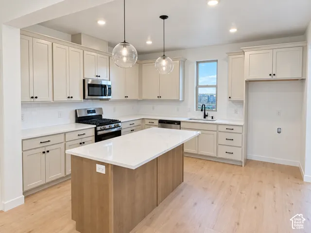 Contemporary kitchen featuring light wood-finish flooring, white shaker-style cabinetry, and white countertops