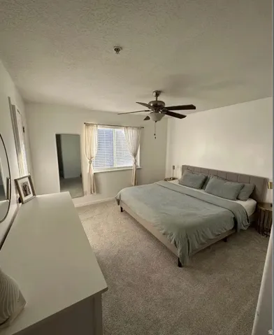Spacious room featuring neutral carpeting, white walls, a ceiling fan with integrated lighting, and a large window with blinds and sheer curtains