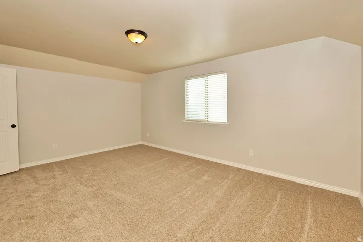 Spacious room featuring neutral carpeting, light-toned walls, and a ceiling-mounted flush light fixture