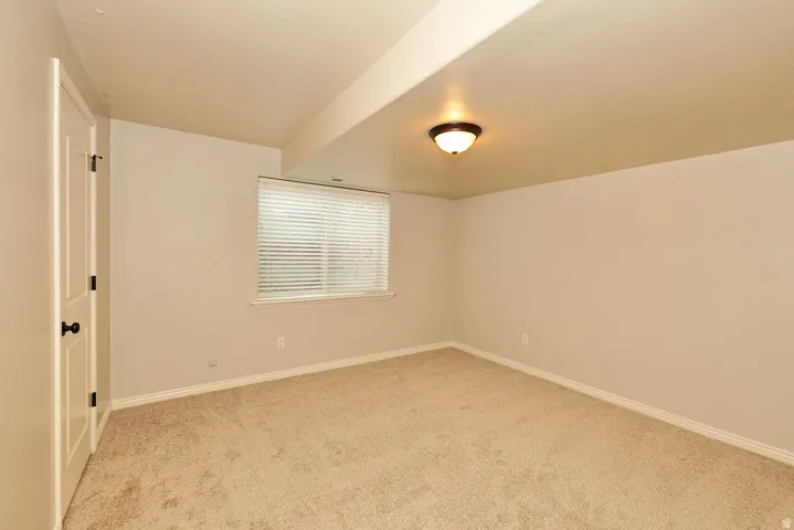 Carpeted room featuring a window with horizontal blinds, a white paneled door with black hardware, white baseboards, and a ceiling-mounted light fixture