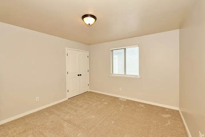 Carpeted room featuring a double-door closet with black hardware, a sliding window with blinds, baseboard molding, and an overhead flush-mount light fixture