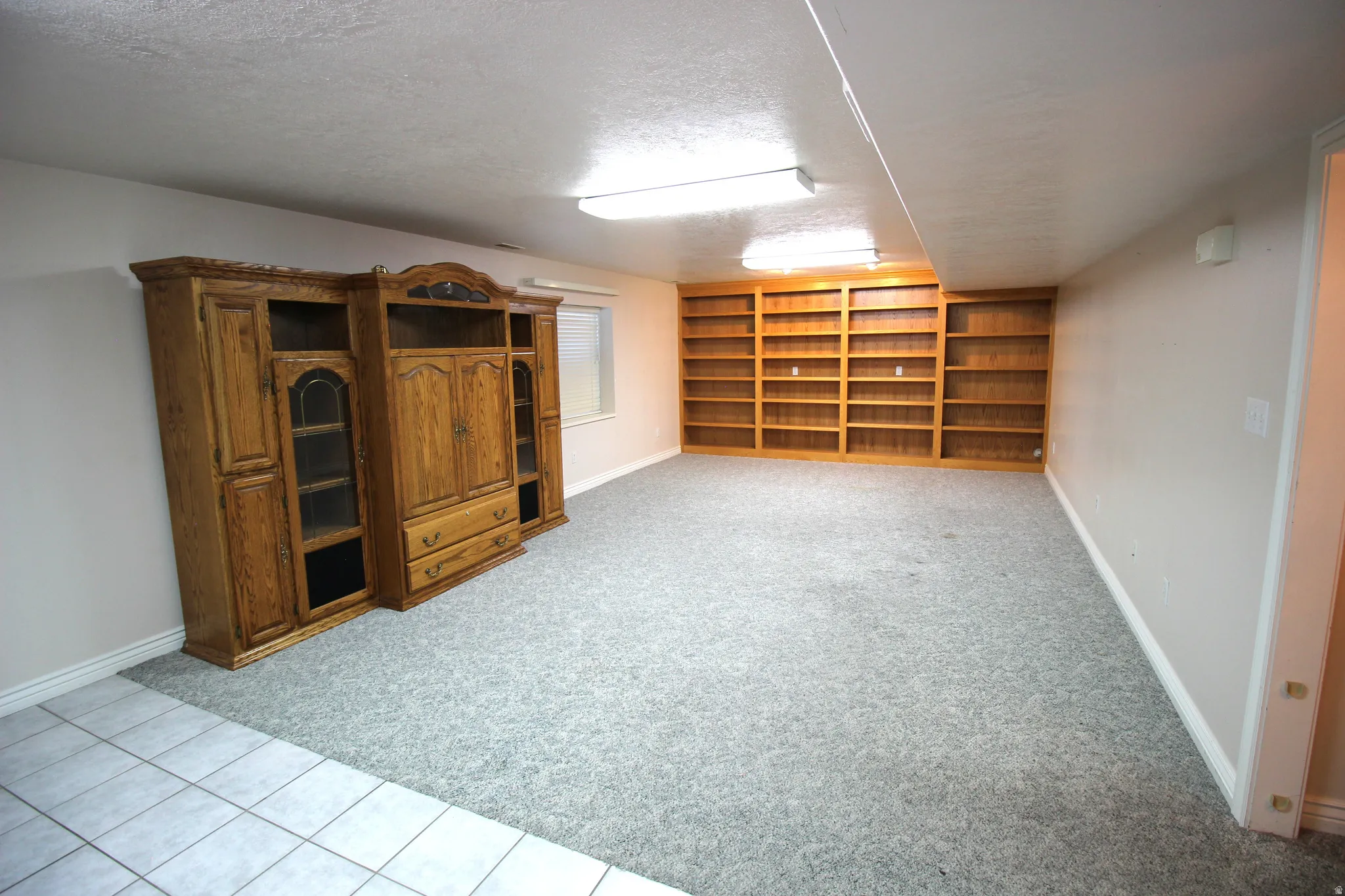 Expansive room featuring wall-to-wall built-in wood shelving, a tiled entry area, and light gray carpeting