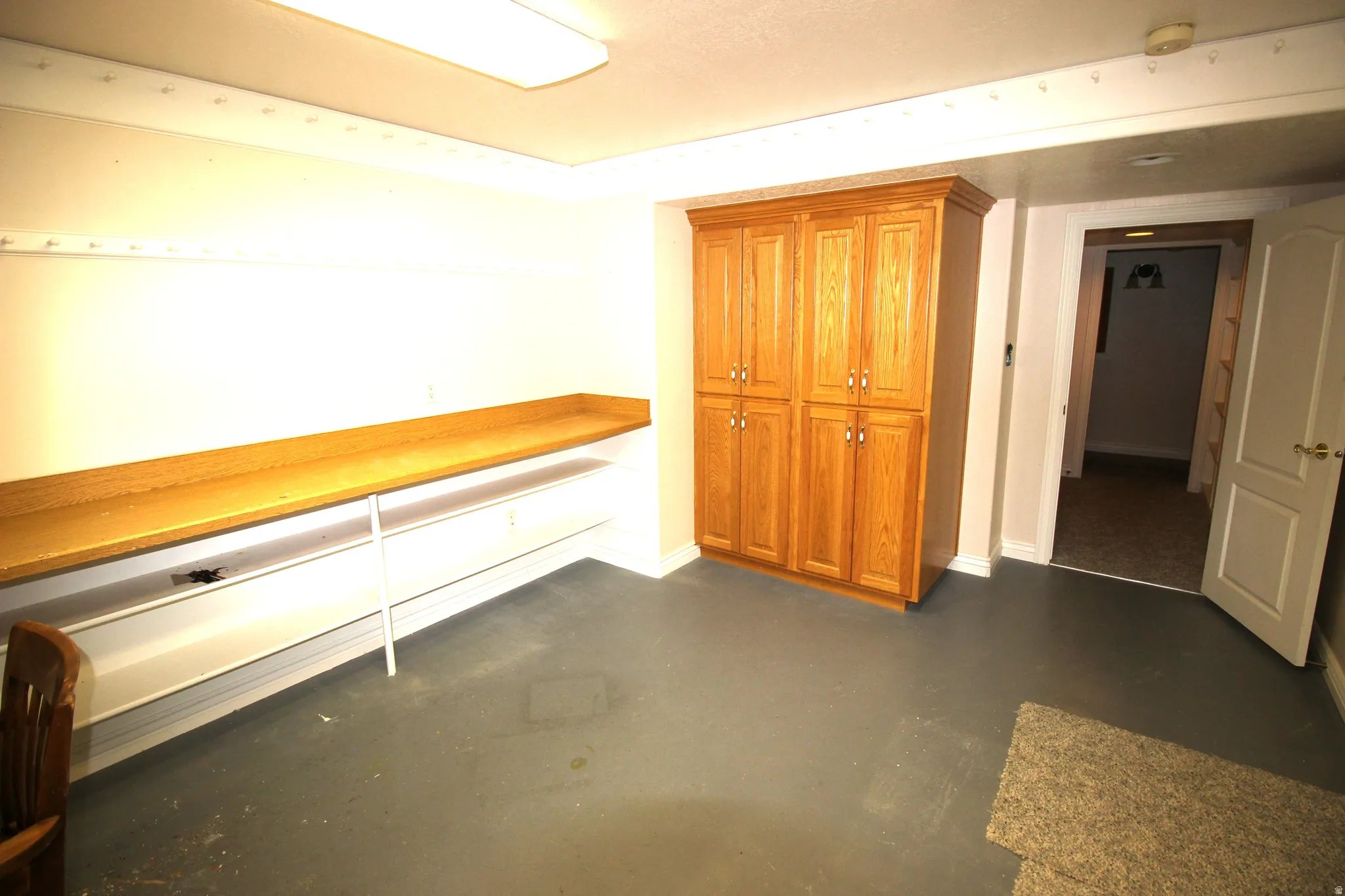 Exercise room or Hobby Room.  Built-in wood-finish cabinetry, extensive built-in shelving, and overhead fluorescent lighting