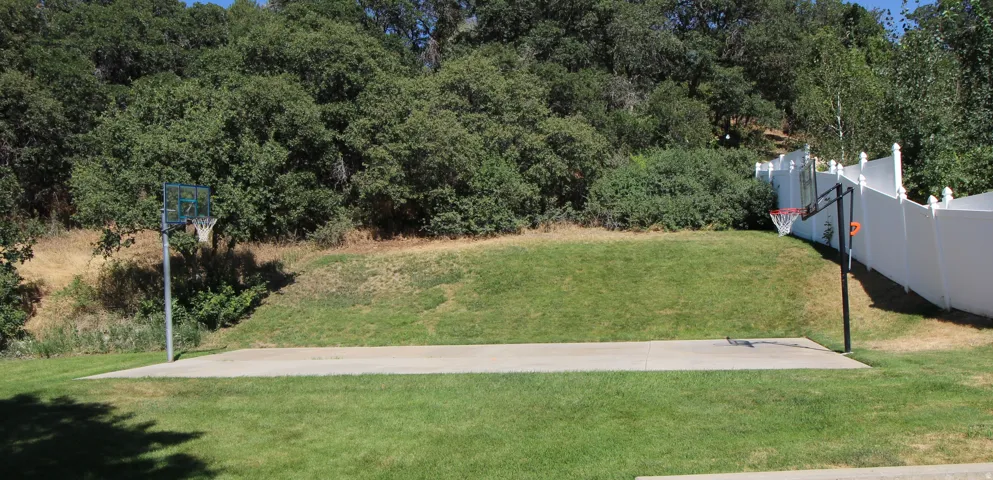 Expansive backyard featuring a concrete sports court, two basketball hoops, a manicured lawn, and mature trees bordering the property