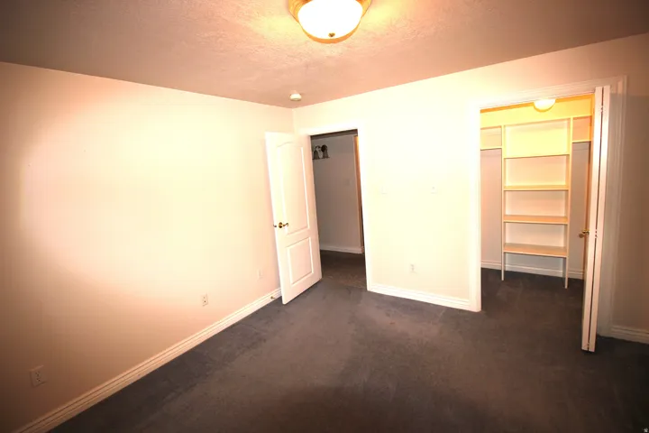 Plush carpet flooring, recessed ceiling lighting, and a closet with integrated shelving