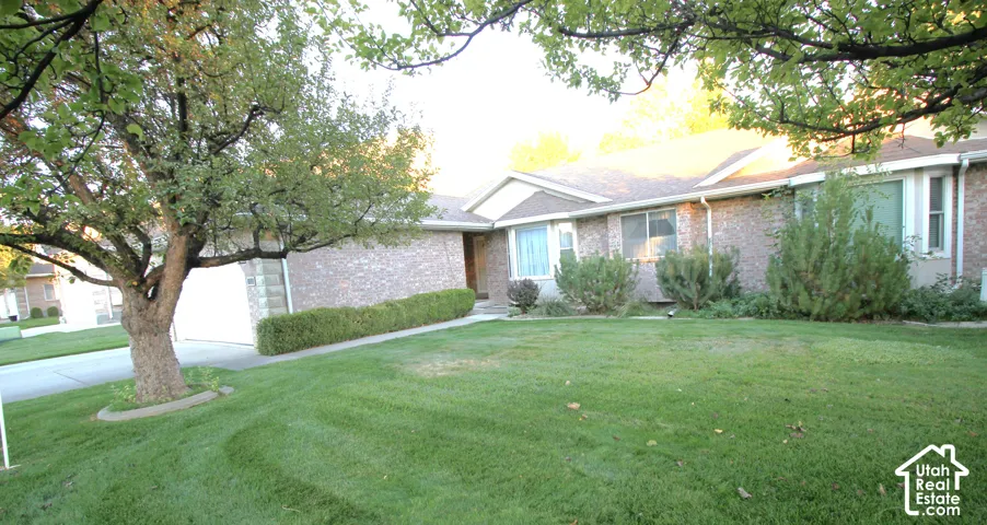 Brick exterior with an attached garage, a paved driveway, and mature landscaping