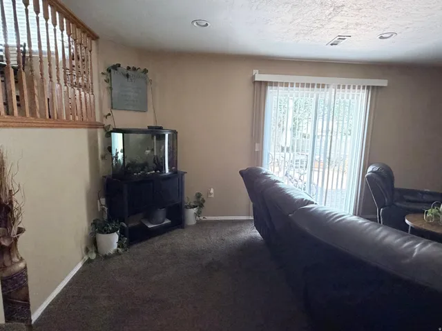 Carpeted living area featuring a sliding glass door with vertical blinds. Door leads to the backyard.