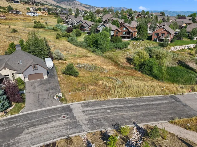 Paved street frontage with a sloped, undeveloped lot