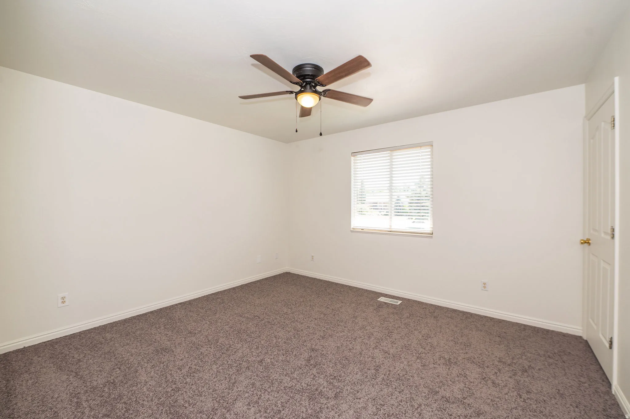 Spacious bedroom featuring new carpeting, ceiling fan with integrated lighting, and step-in closet.