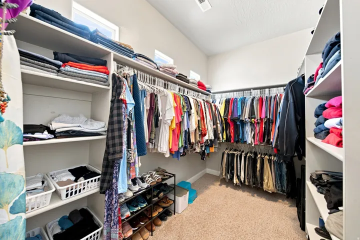 Spacious walk-in closet featuring extensive built-in shelving, multiple hanging rods, and neutral-toned carpeting