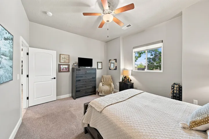 Carpeted room featuring a ceiling fan with light fixture, a window with a roller shade, and a paneled door with black hardware