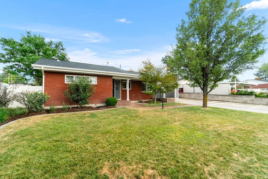 Brick facade residence featuring a front lawn, mature tree, established landscaping, and a driveway