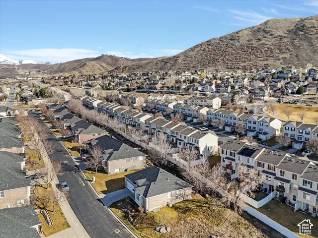 Aerial perspective showcasing a residential community with varied architectural styles