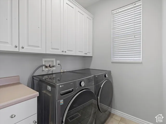 Laundry area featuring white shaker-style cabinetry, a built-in countertop, and a window with blinds W/D excluded