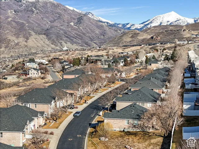 Residential neighborhood with mountainous backdrop, featuring varied architectural styles and mature landscaping