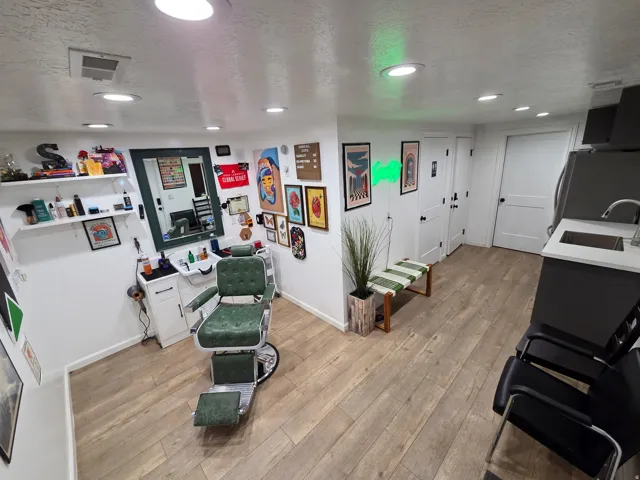 Barbershop with private entrance, bathroom, and laundry.