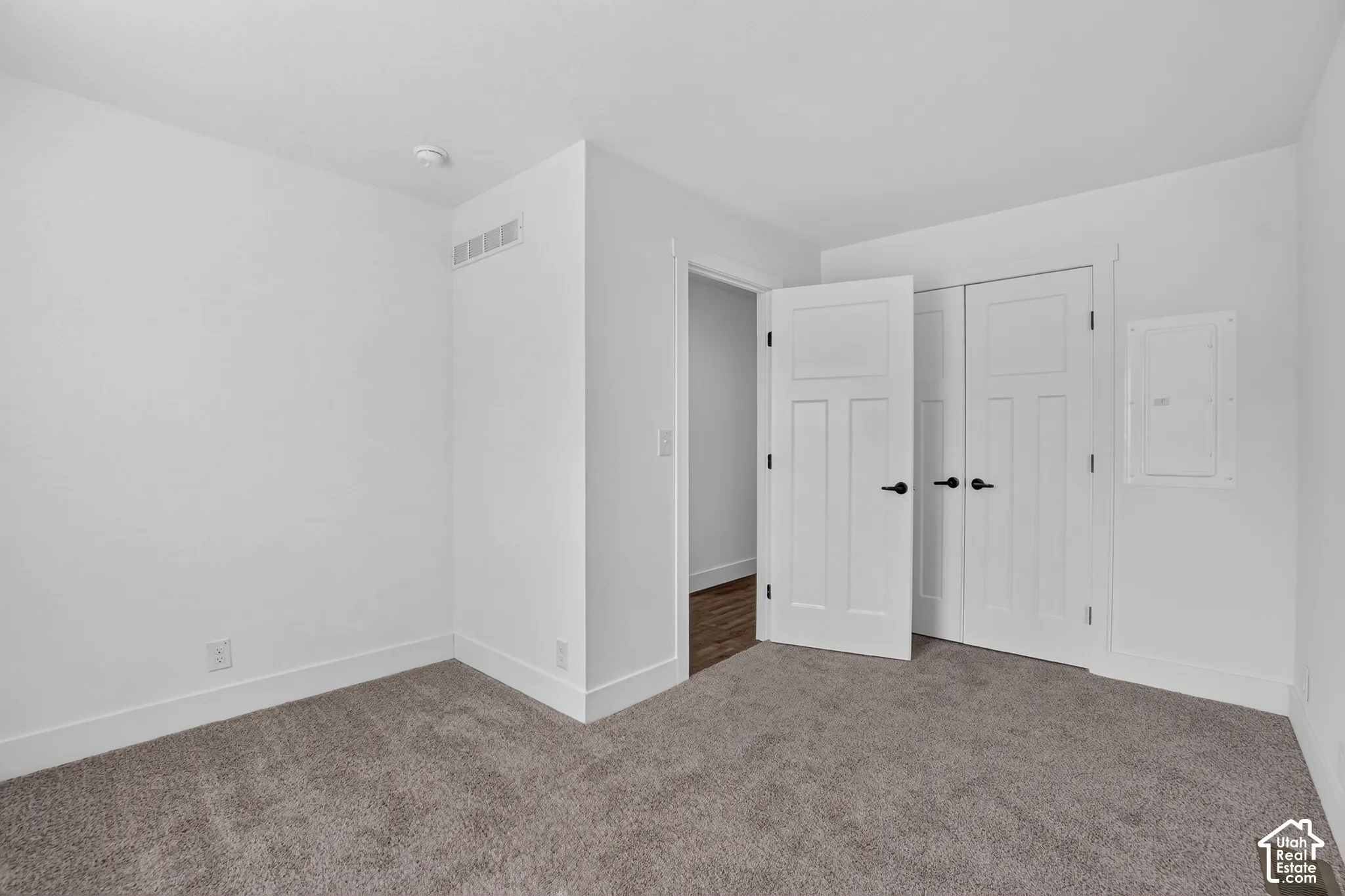 Neutral wall paint with contrasting baseboards, textured carpeting, and white panel doors