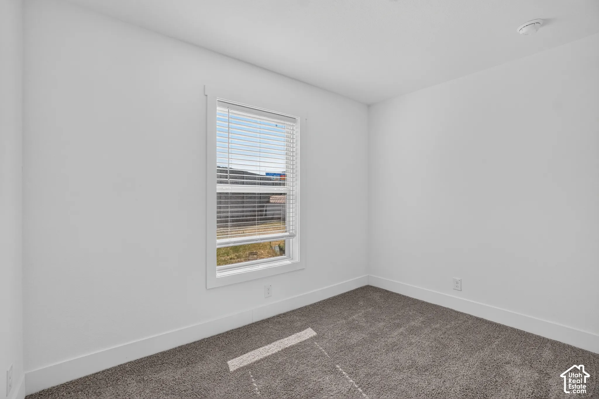 Carpeted room with a single window featuring white blinds