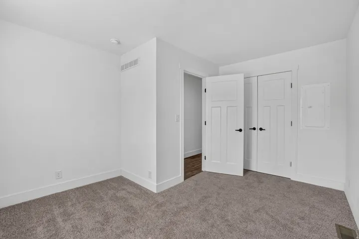 Neutral wall paint with contrasting baseboards, textured carpeting, and white panel doors