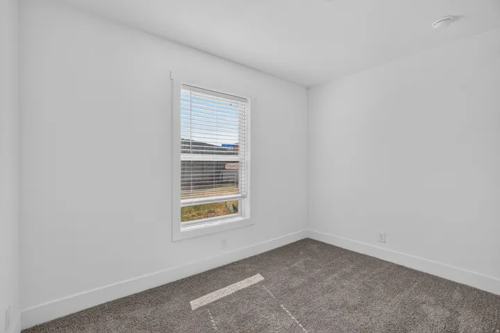 Carpeted room with a single window featuring white blinds