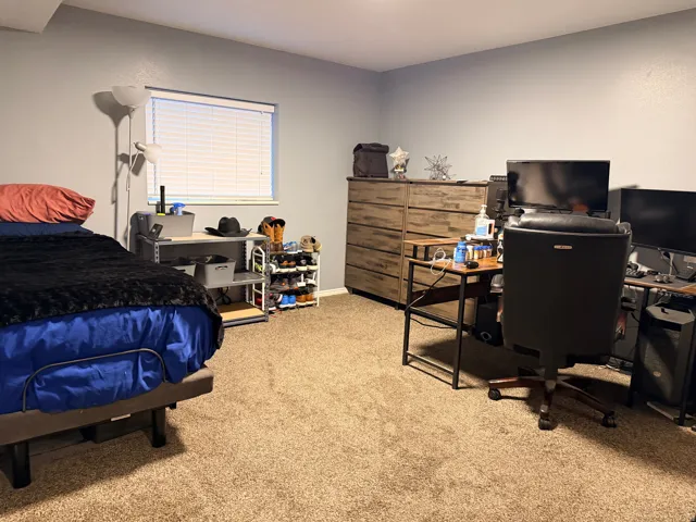Carpeted room with a window featuring horizontal blinds