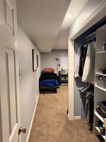 Primary with 3/4 bath Carpeted hallway with a built-in closet system featuring shelving and hanging space