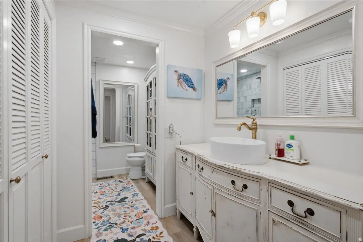 White vanity with a vessel sink and brass-finish faucet