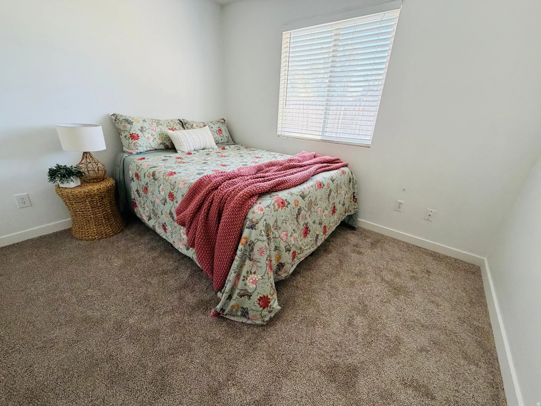 Room featuring light brown carpet, white baseboards, and a window with white blinds