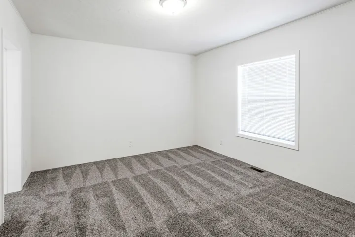 Spacious room featuring plush patterned carpeting, bright white walls, a single window with blinds, and a ceiling-mounted light fixture