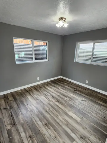 Spacious interior room featuring wood-finish flooring, two large windows, white trim, and a ceiling-mounted light fixture