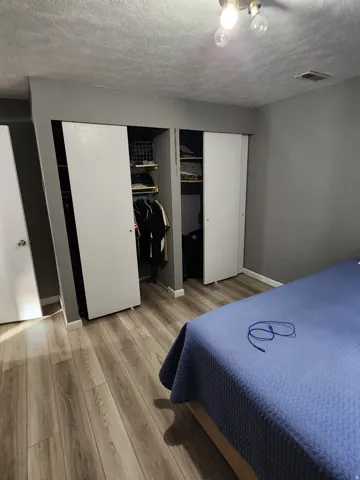 Interior room featuring wood-finish flooring, light gray wall paint, and white trim