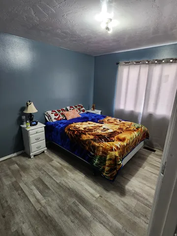 Bedroom featuring wood-finish flooring, light blue walls, and a white ceiling light fixture