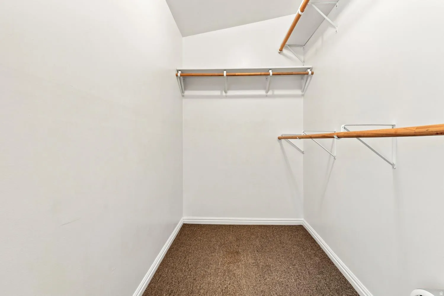 Spacious closet featuring multiple wood-finish hanging rods, integrated shelving, and neutral carpeting