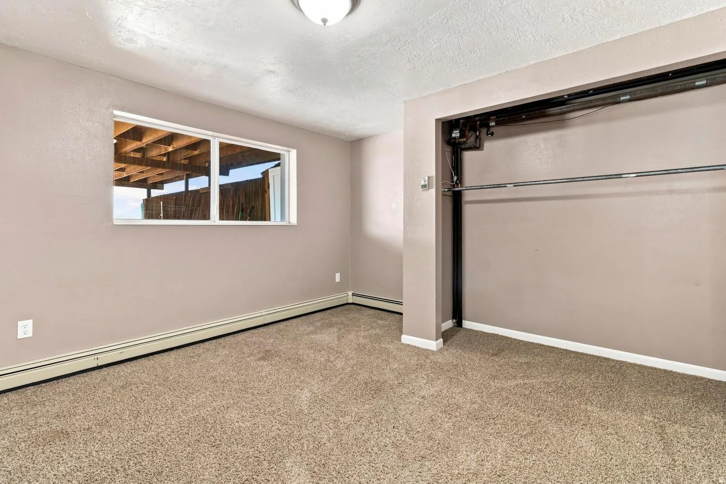 Carpeted room featuring a double-pane window, baseboard heating, a built-in closet with a hanging rod, and a flush-mount ceiling light
