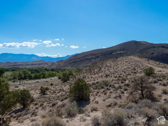 Expansive desert landscape featuring rolling hills and distant mountains under a clear blue sky