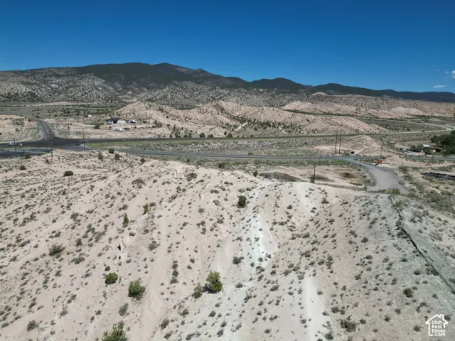 Expansive arid landscape featuring a clear blue sky, distant mountain range, and scattered low-lying vegetation
