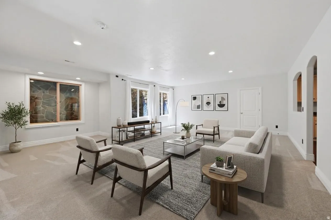 Spacious living area featuring neutral carpeting, recessed lighting, white walls, multiple windows, and arched wall openings