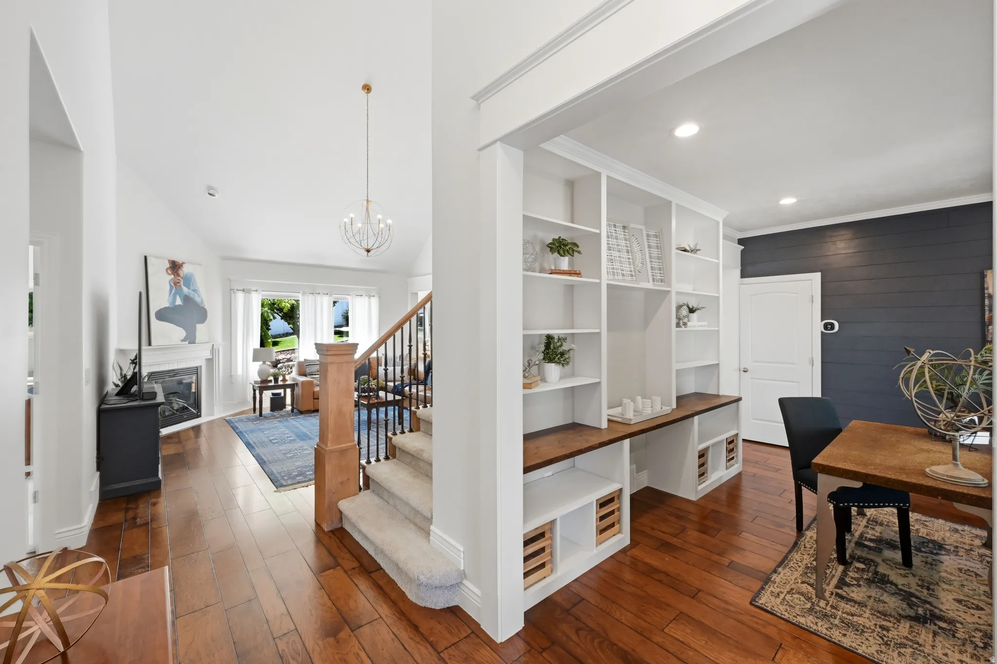Built-in shelving with wood-finish countertops