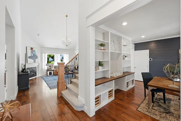 Built-in shelving with wood-finish countertops