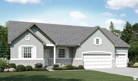 Stucco exterior featuring gabled rooflines and a stone veneer foundation